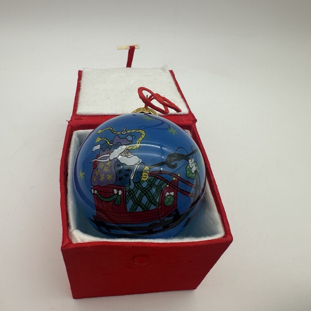 Vintage Blown Glass Reverse‎ Painted Santa Sleigh W/Reindeer Blue 3" With Box